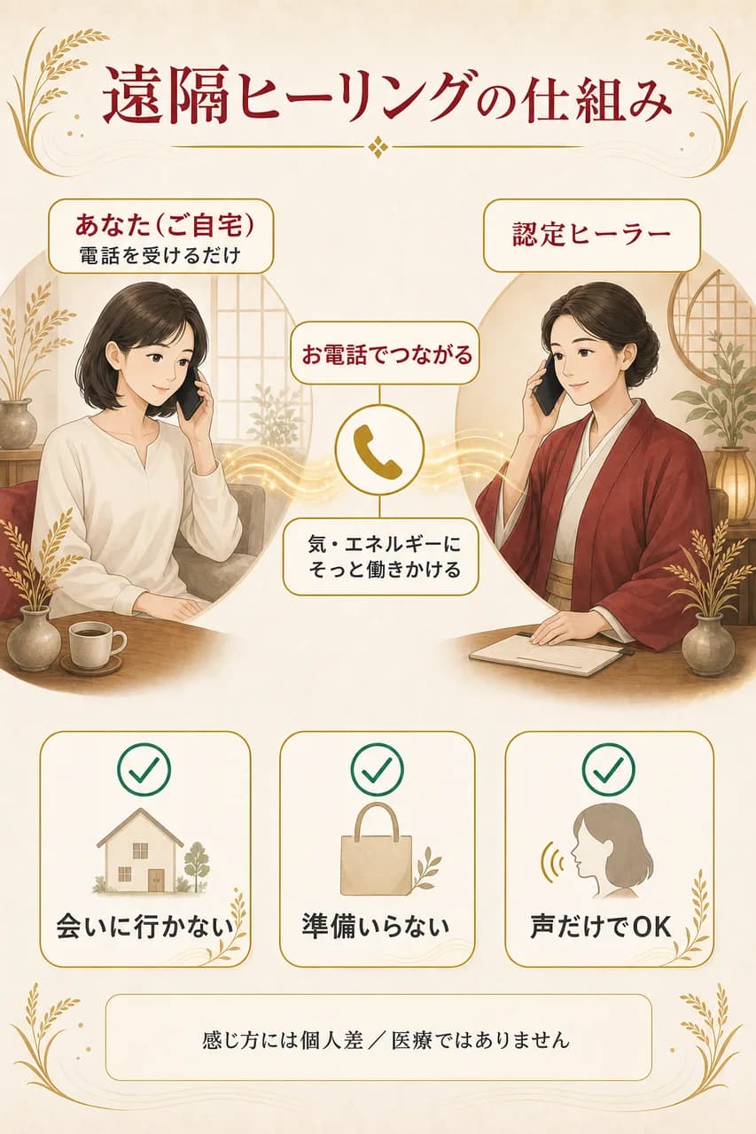 ご自宅と認定ヒーラーが電話でつながる遠隔ヒーリングの仕組み