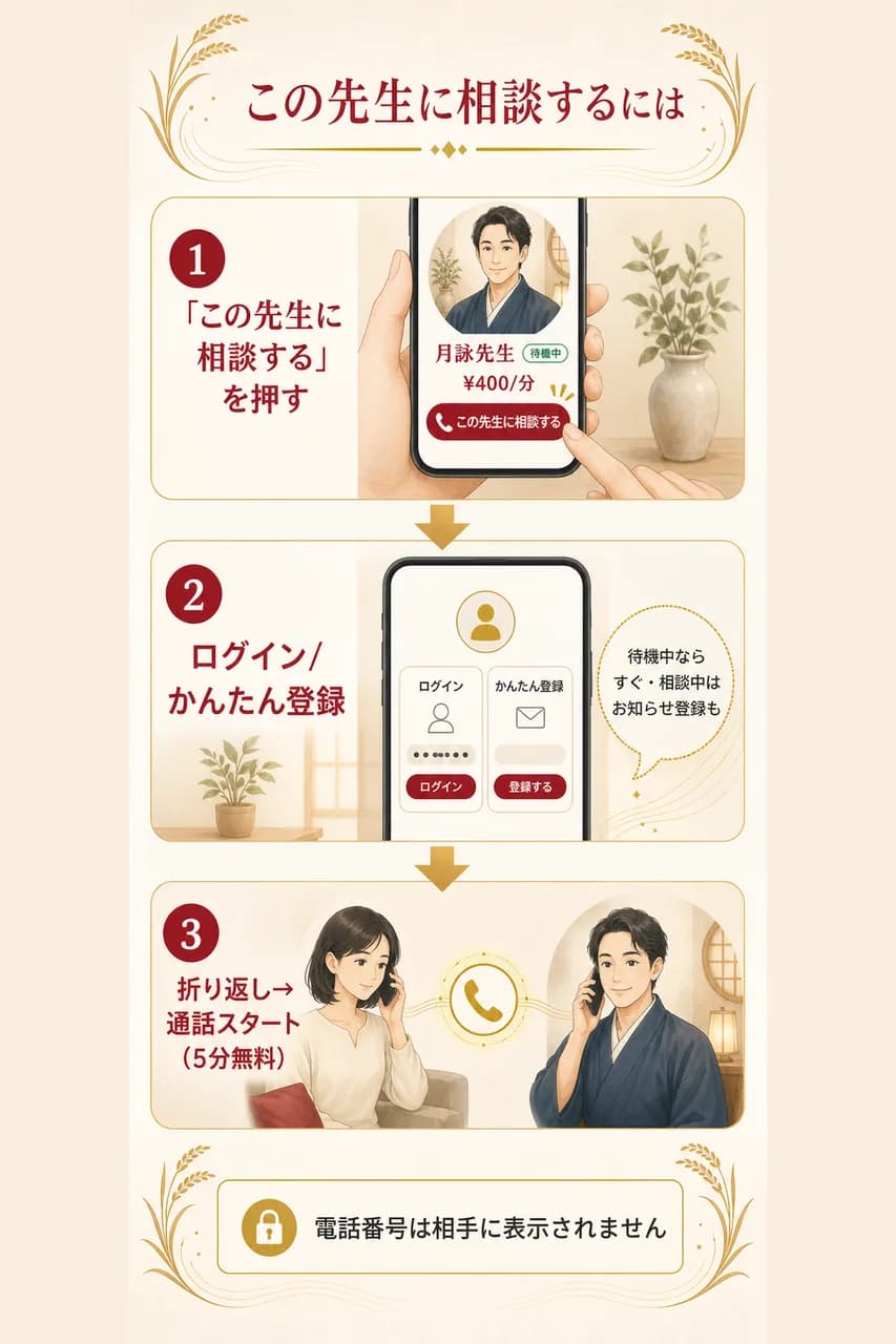 この先生に相談するまでの流れ。相談するを押す→かんたん登録→折り返し通話。電話番号は相手に表示されません。
