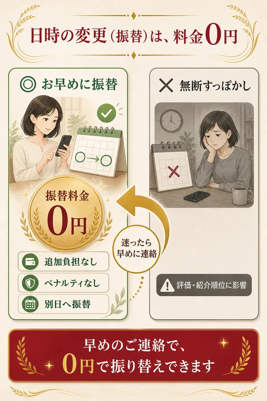日時の変更（振替）は料金0円。お早めのご連絡で振り替えできます。